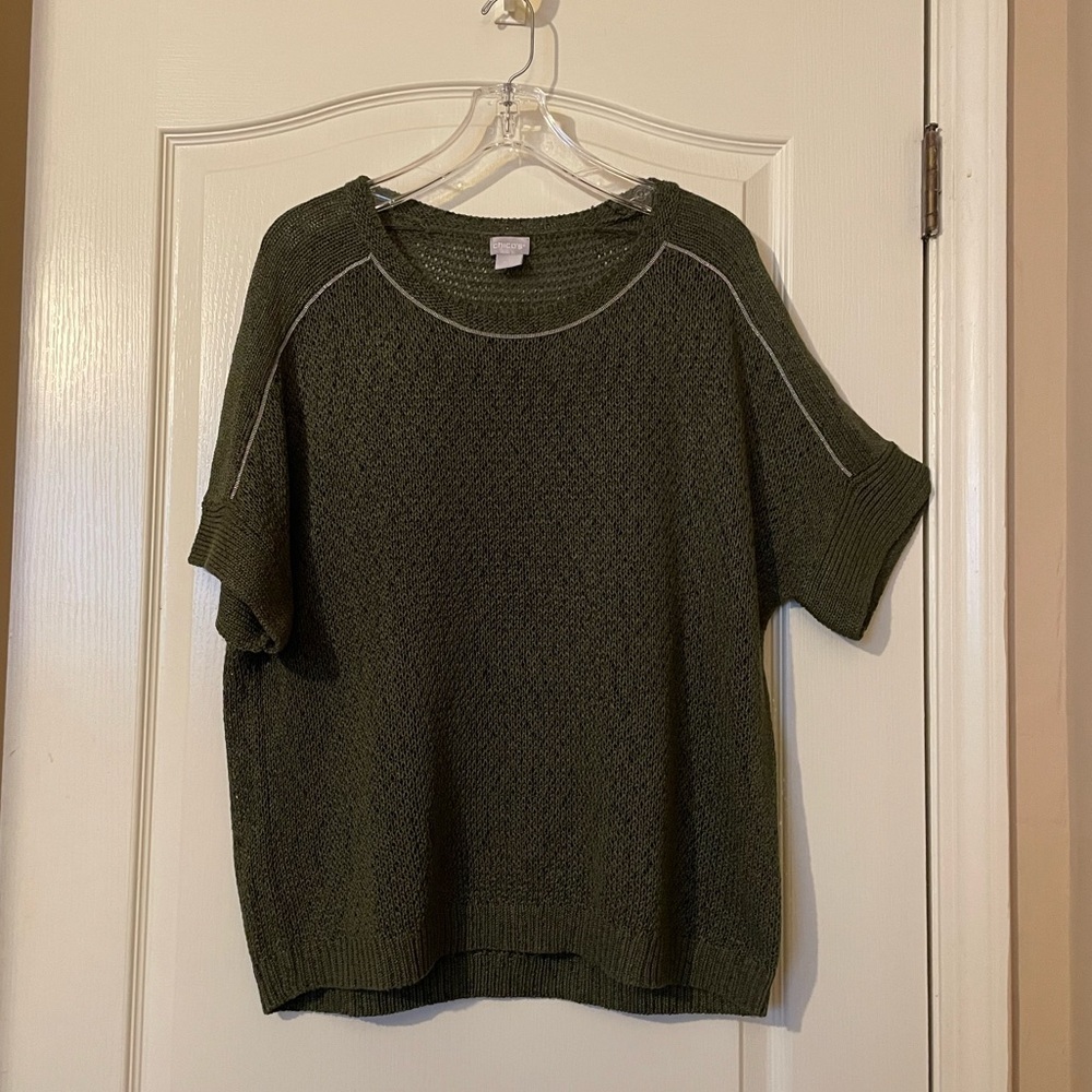 Chicos Womens Chunky Boho Scandi Indie Mesh Open Knit Sweater Top Olive Size L 2